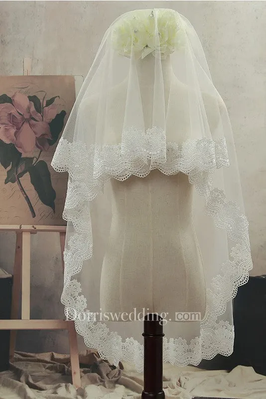 2018 Simple Tulle Fingertip Wedding Veil with Lace Edge