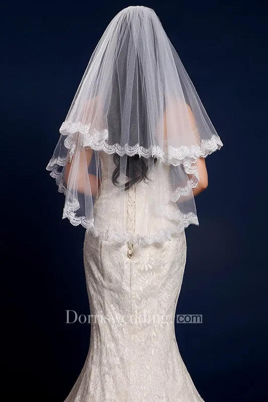 2018 Simple Two Layered Tulle Elbow Wedding Veil with Lace Edge