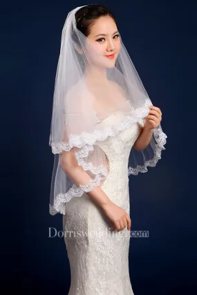 2018 Simple Two Layered Tulle Elbow Wedding Veil with Lace Edge