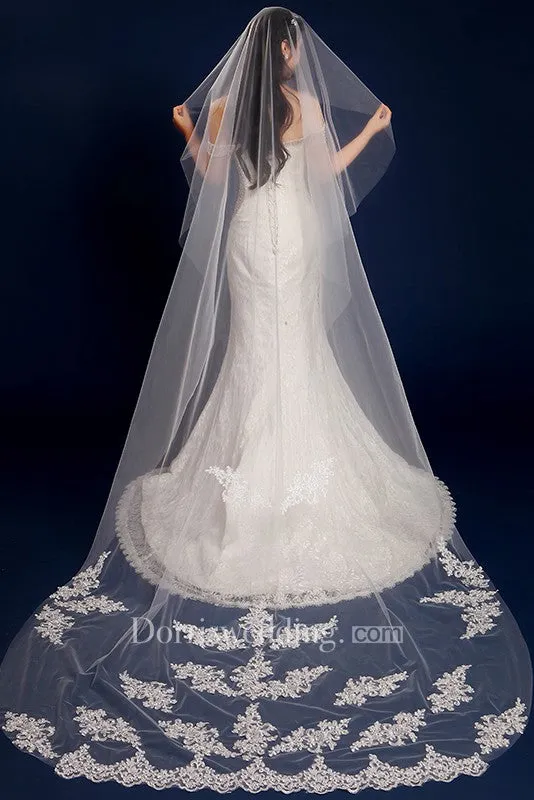 Beautiful Korean Cathedral Wedding Veil with Lace Edge and Appliques