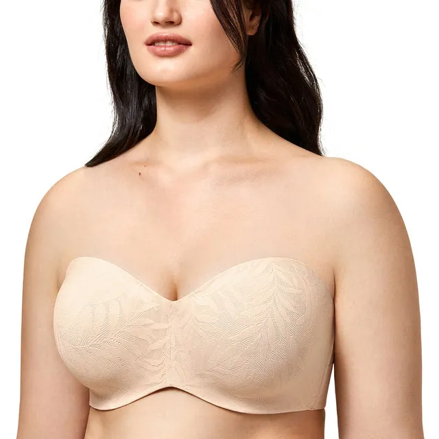 Beige Strapless Underwire Lace Bandeau Unlined Support Bra for Women