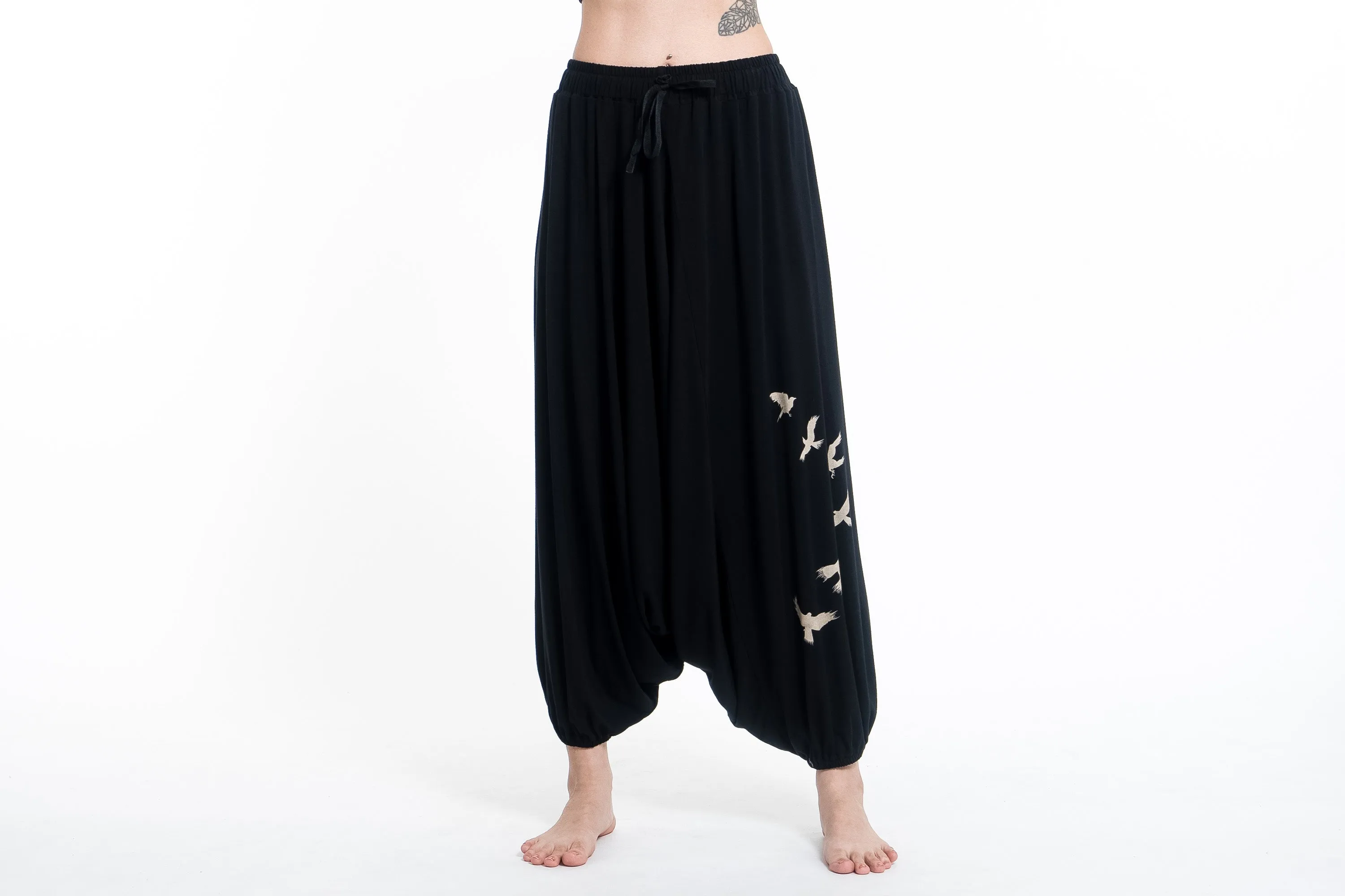 Birds Print Drawstring Low Cut Harem Pants Cotton Spandex in Black