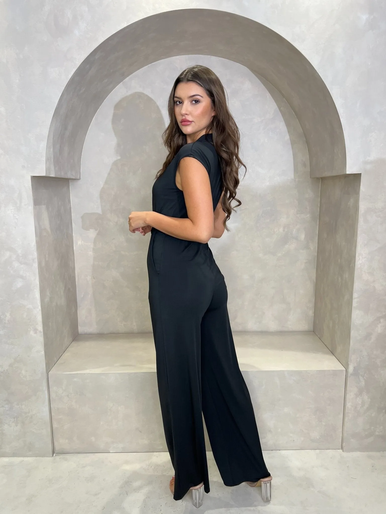 Black sleeveless jumpsuit