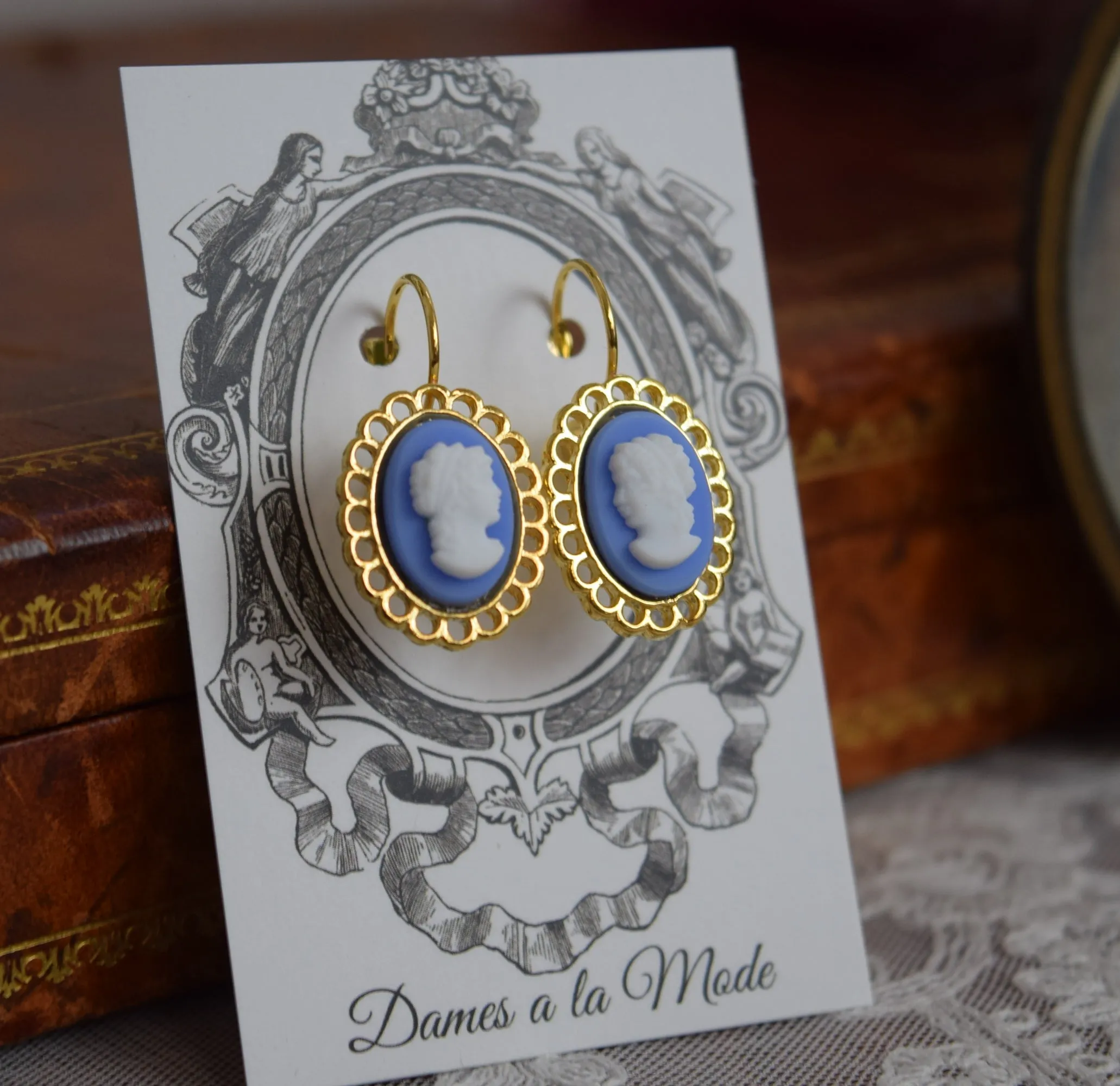 Blue Cameo Lace-Edge Earrings