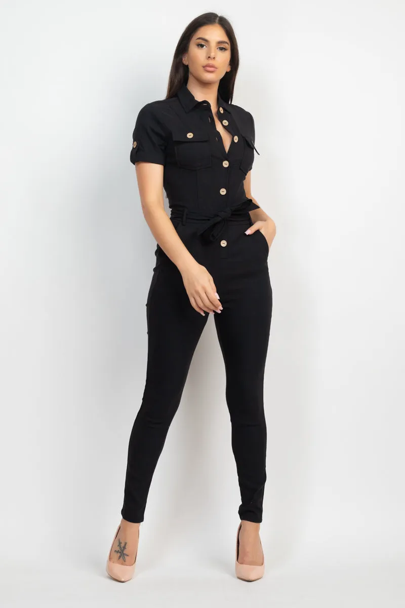 Collared Waist-tie Buttoned Jumpsuit