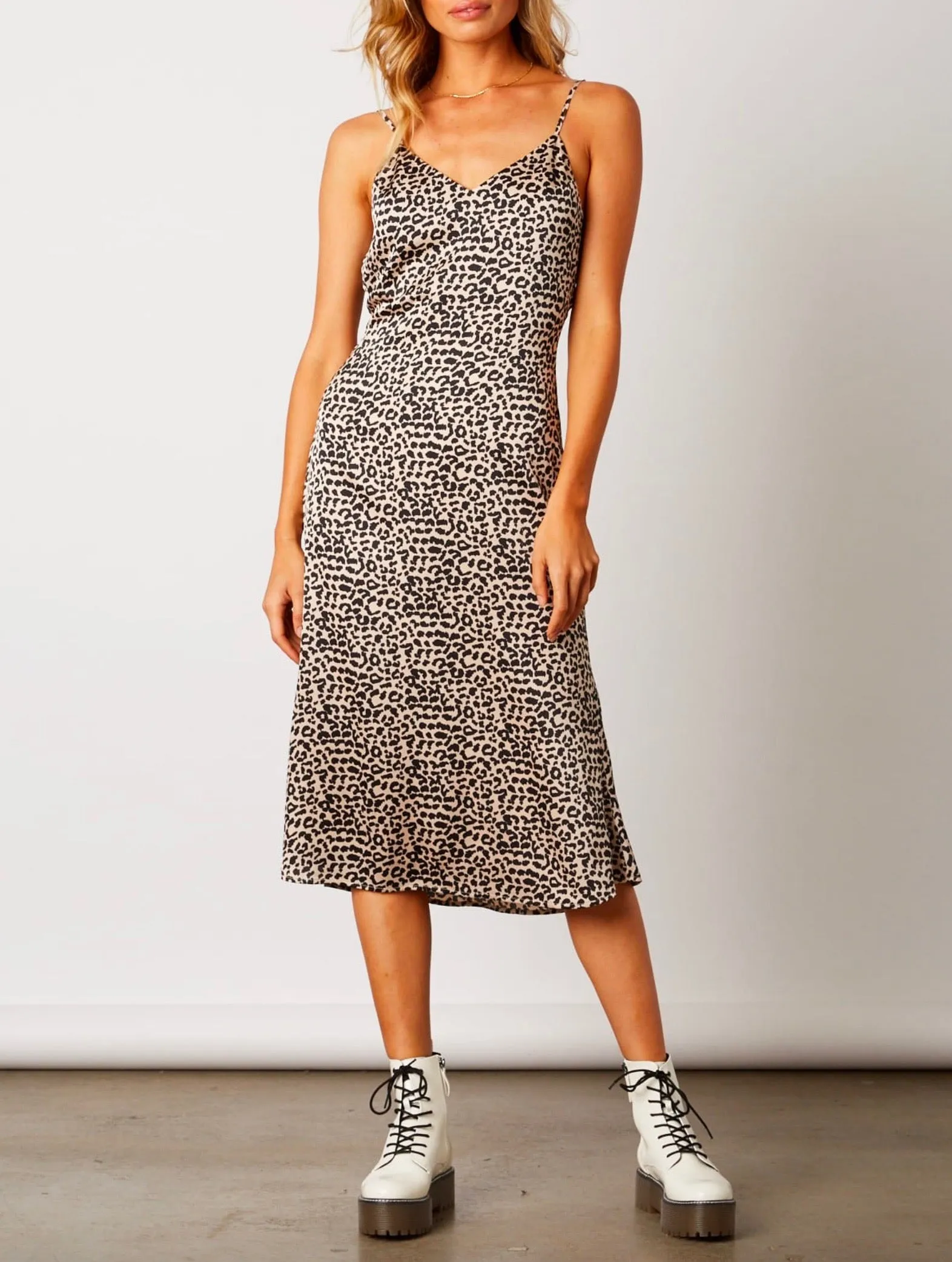 Cotton Candy LA - Midi Dress with Strappy Low Cut Back - Bone/Leopard