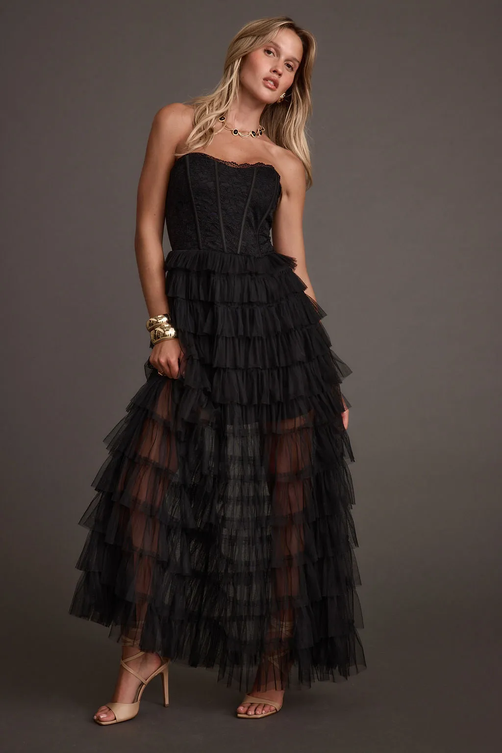 Esme Black Tulle Strapless Maxi Dress