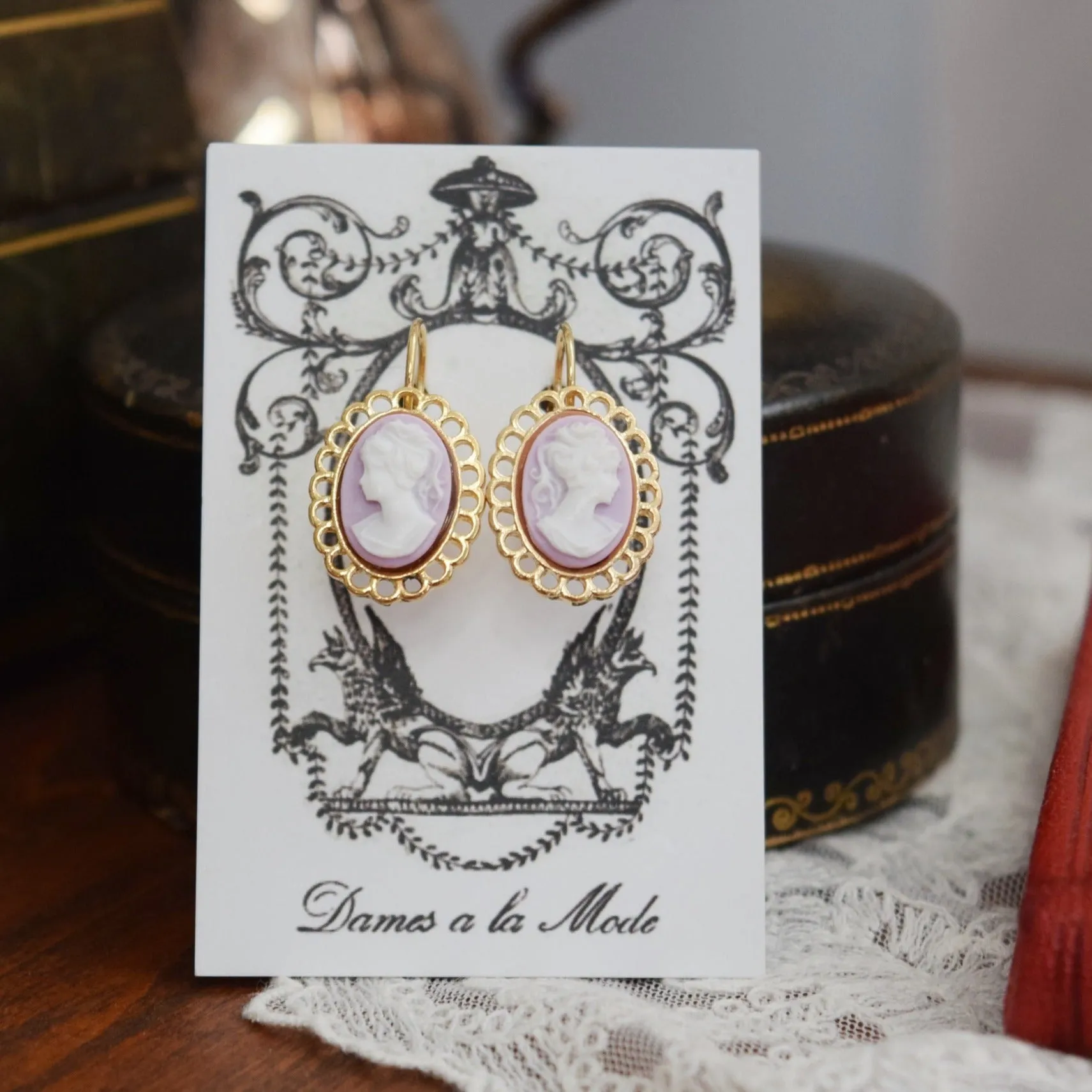 Lavender Purple Lace Edge Cameo Earrings