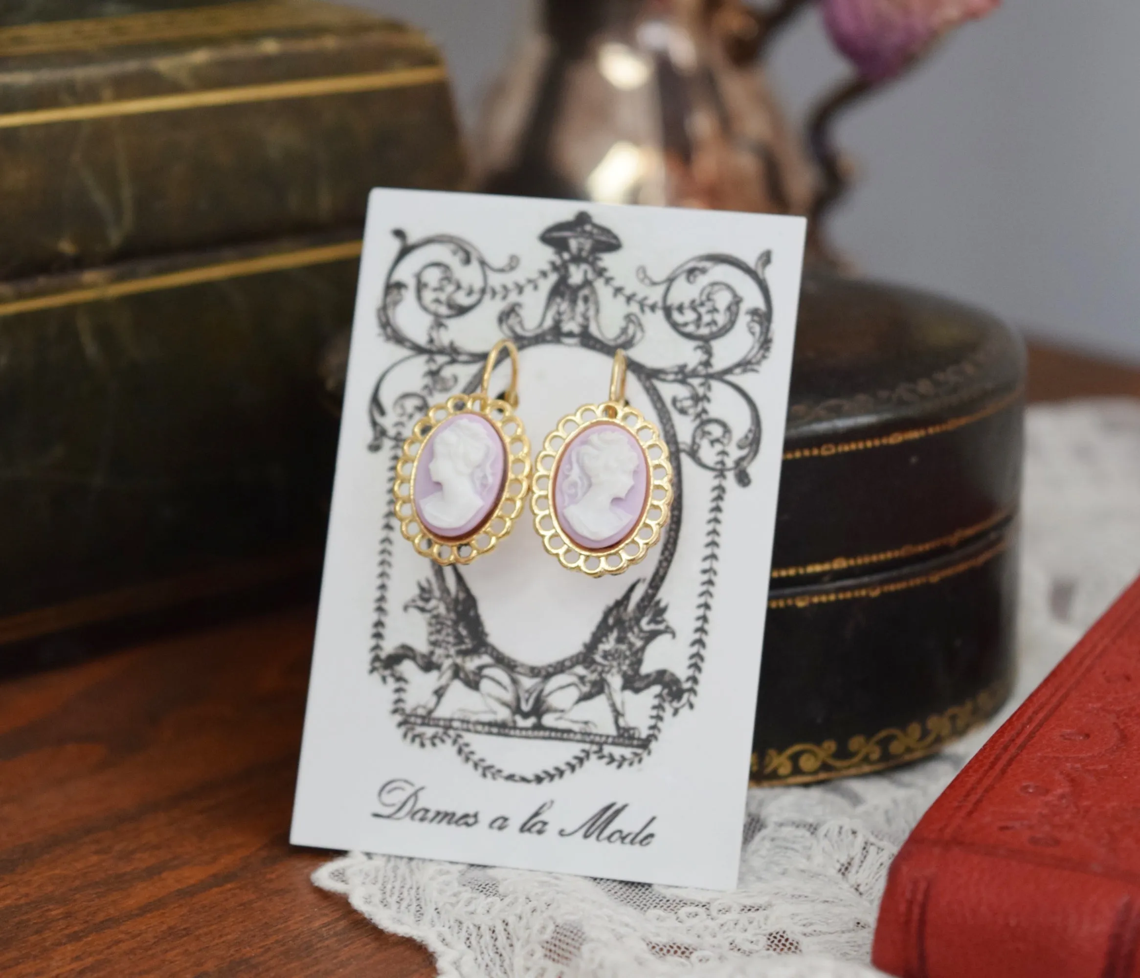 Lavender Purple Lace Edge Cameo Earrings