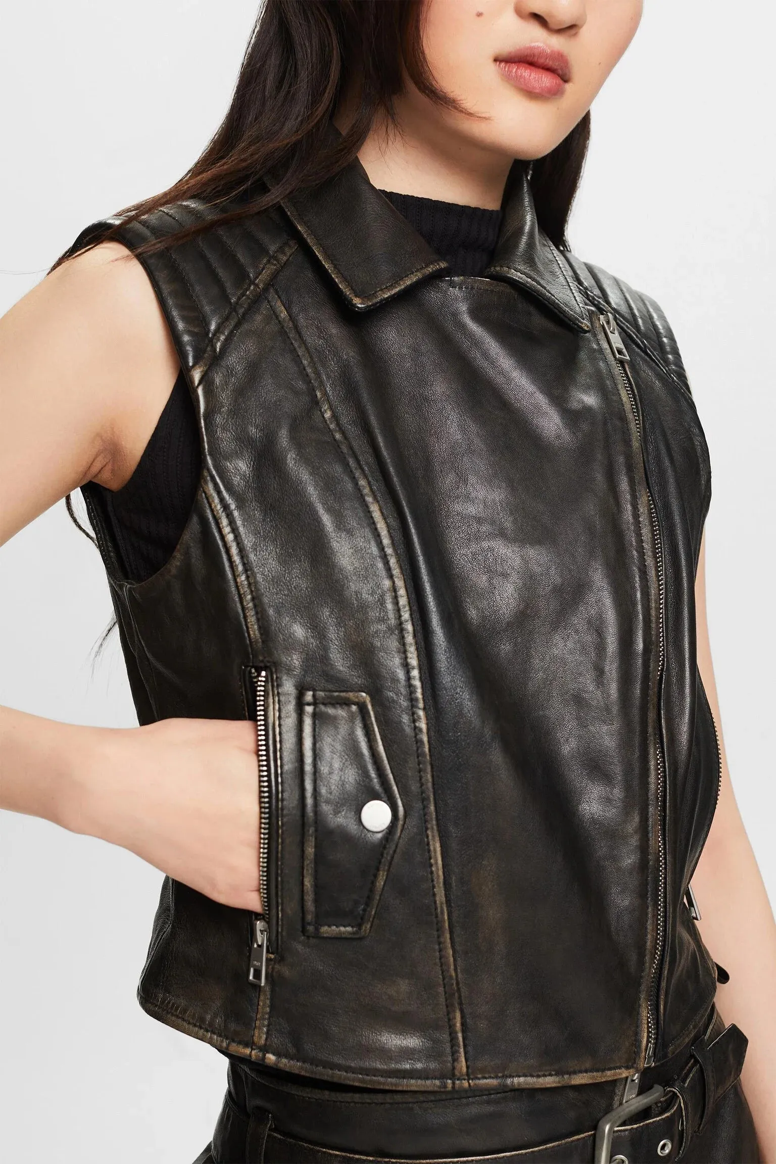 Leather Moto Vest Black