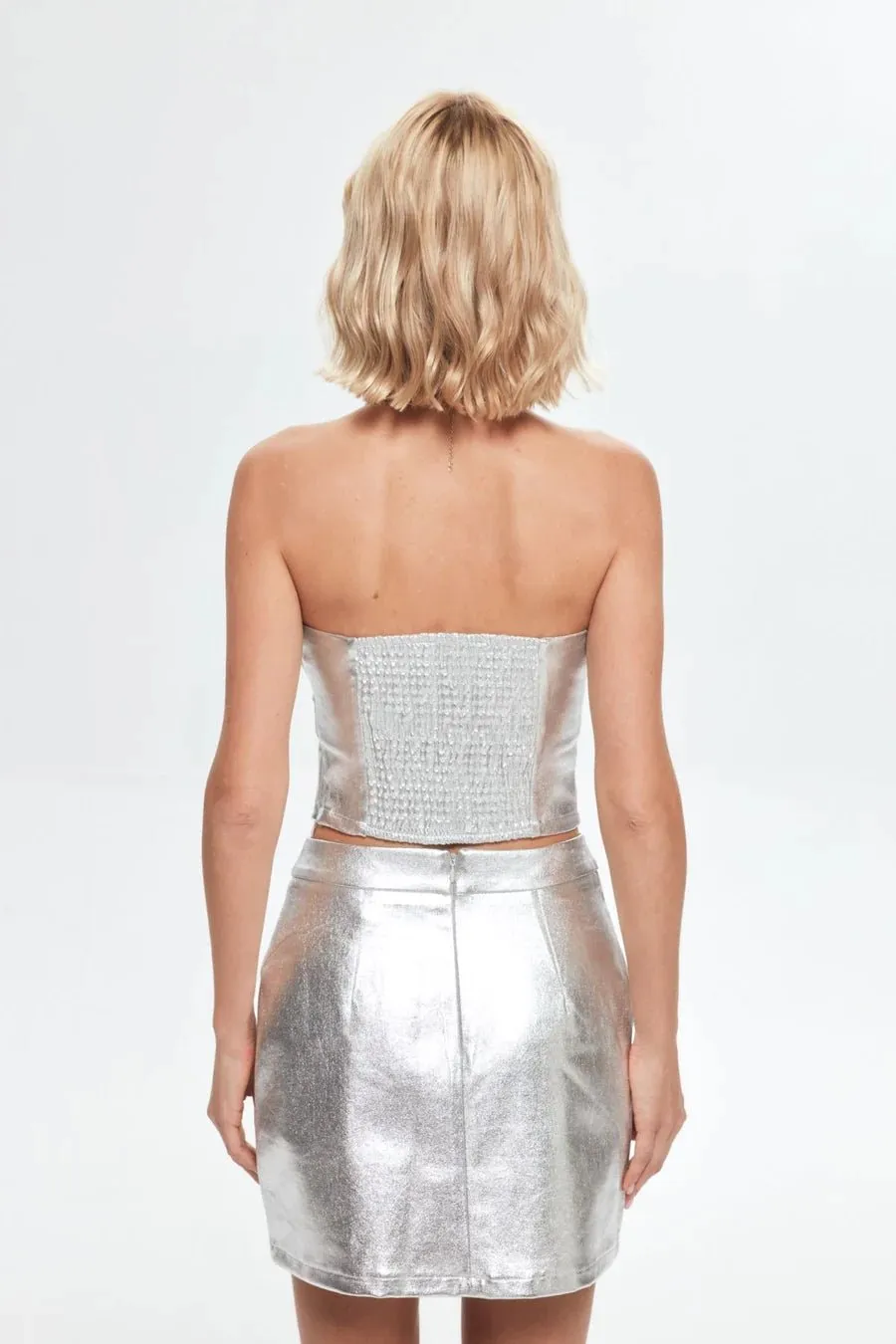 Metallic Strapless Denim Top - Silver