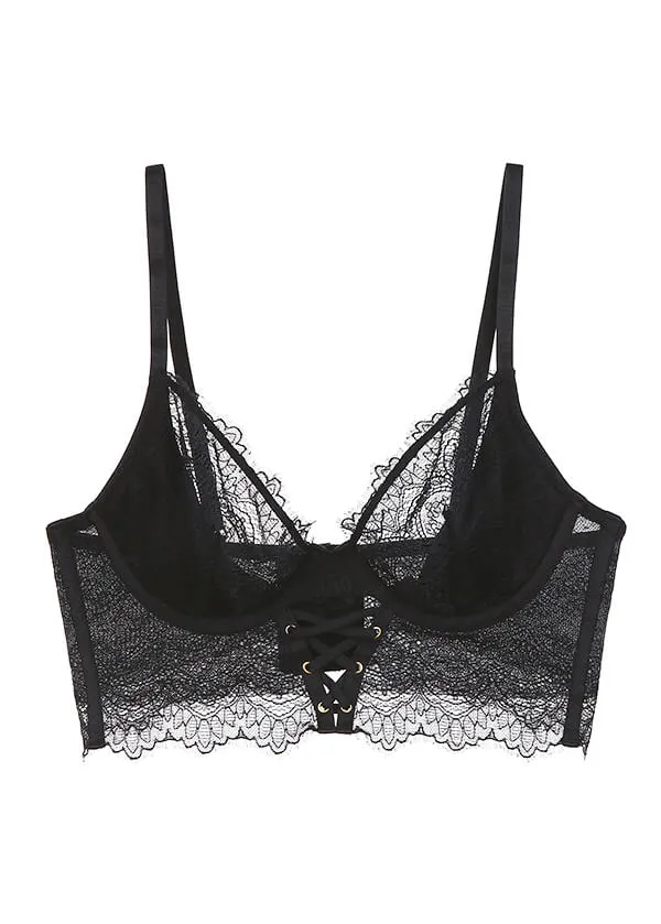 PAISLEY Sexy Black Lace Bustier Long Demi Bra