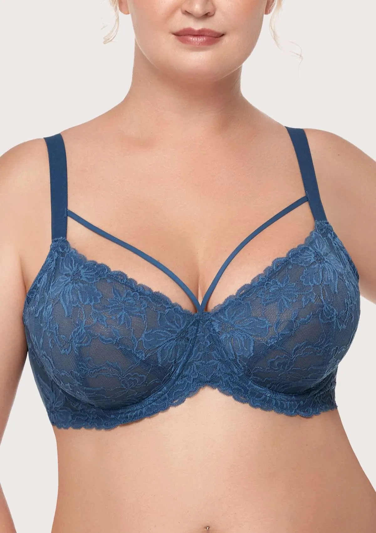 Pretty In Petals Dark Blue Unlined Strappy Lace Bra