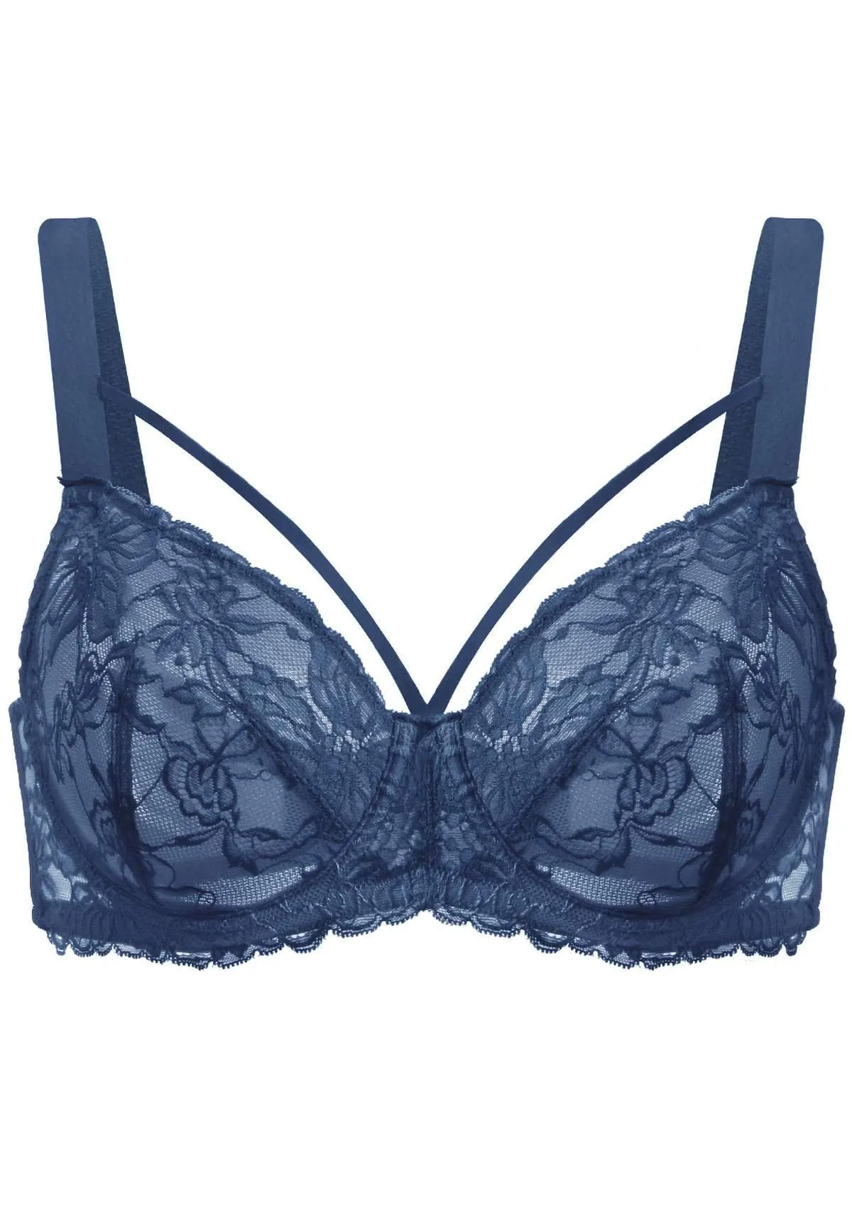 Pretty In Petals Dark Blue Unlined Strappy Lace Bra