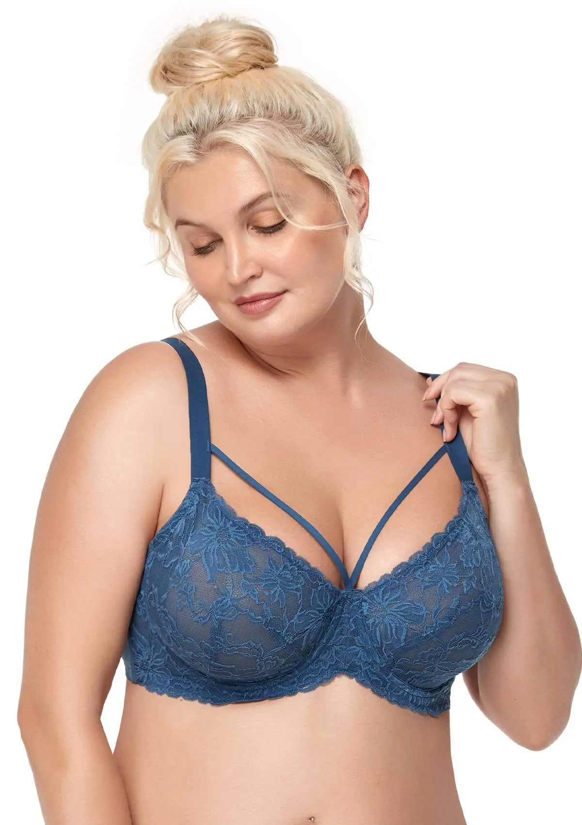 Pretty In Petals Dark Blue Unlined Strappy Lace Bra