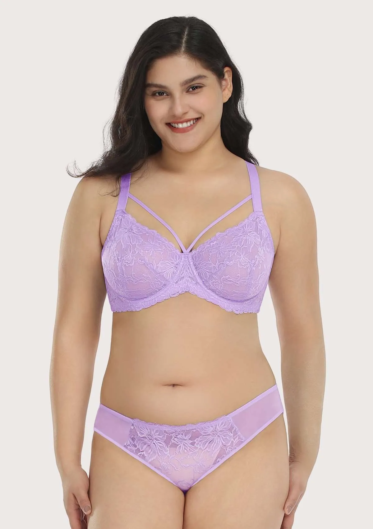 Pretty In Petals Purple Unlined Strappy Lace Underwire Bra Set