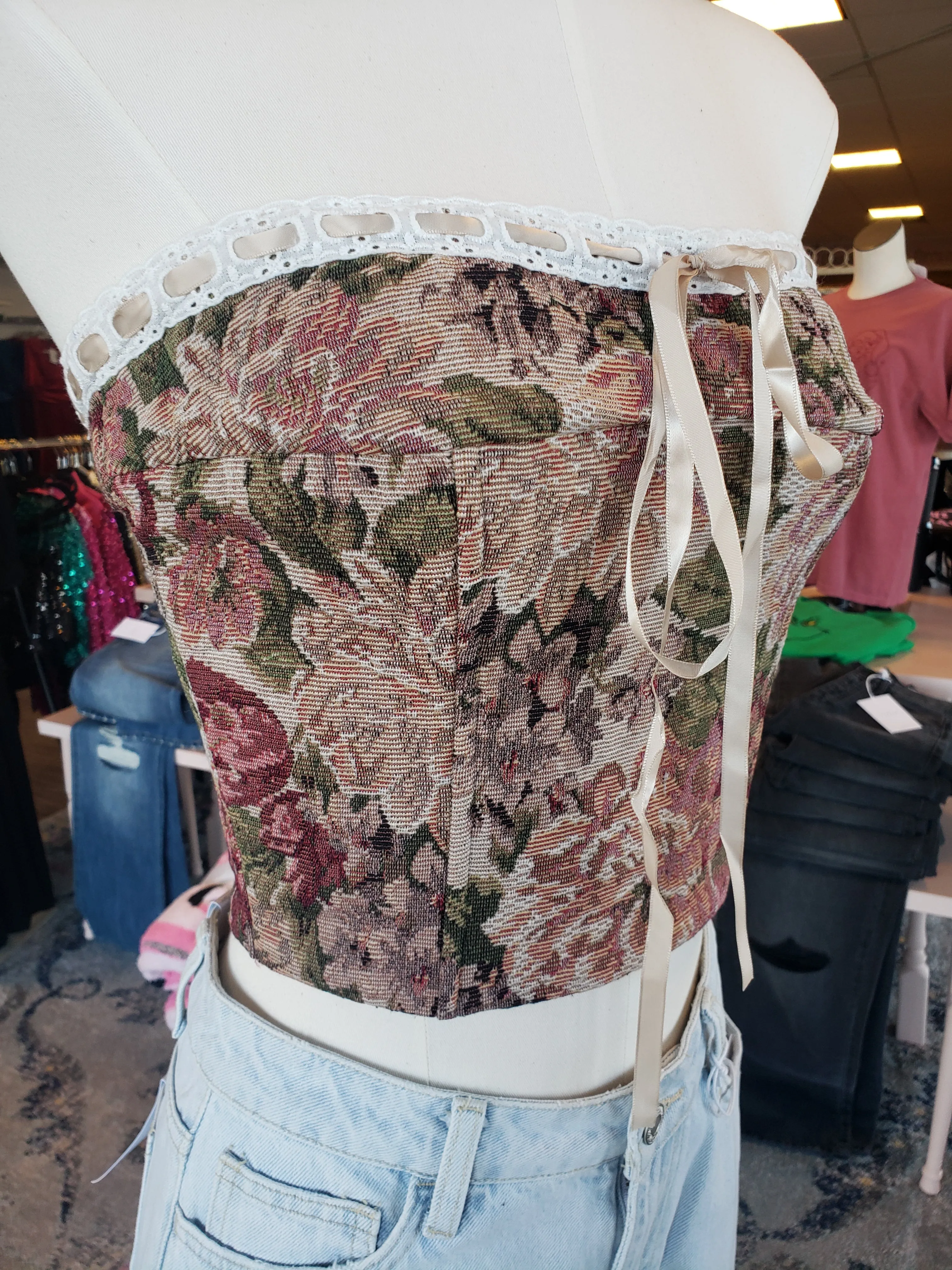 Tapestry Floral Print Strapless Corset Top